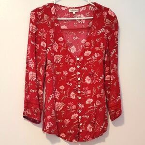 ARNHEM FLORAL MARROON 3/4 SLEEVE VNECK BUTTON UP TOP SIZE 8 MEDIUM WOMENS